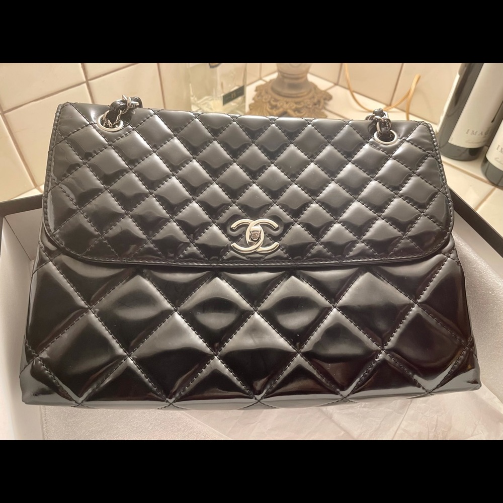 CHANEL Authentic Quilted Black Patent Maxi Handbag
